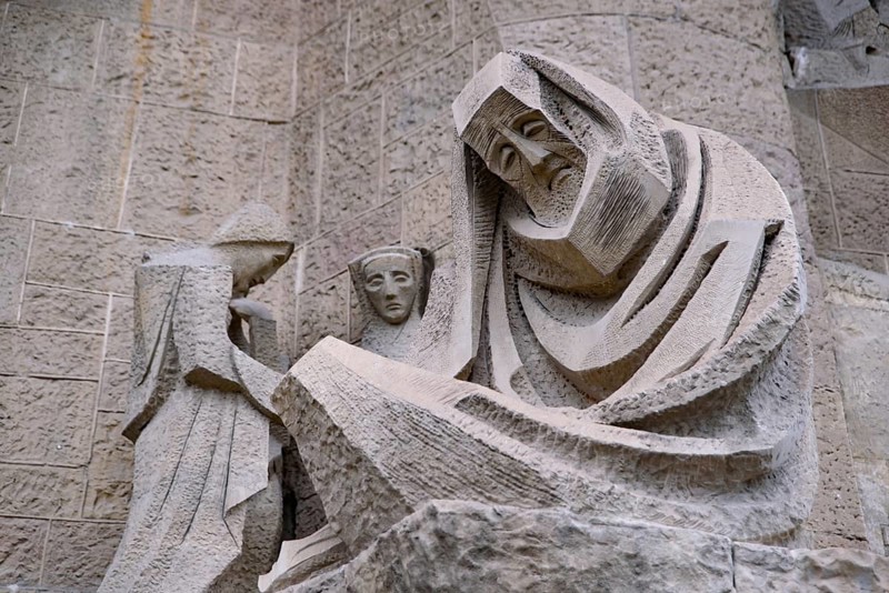 The sculptures on the Passion facade of Sagrada Familia in Barcelona, Spain
