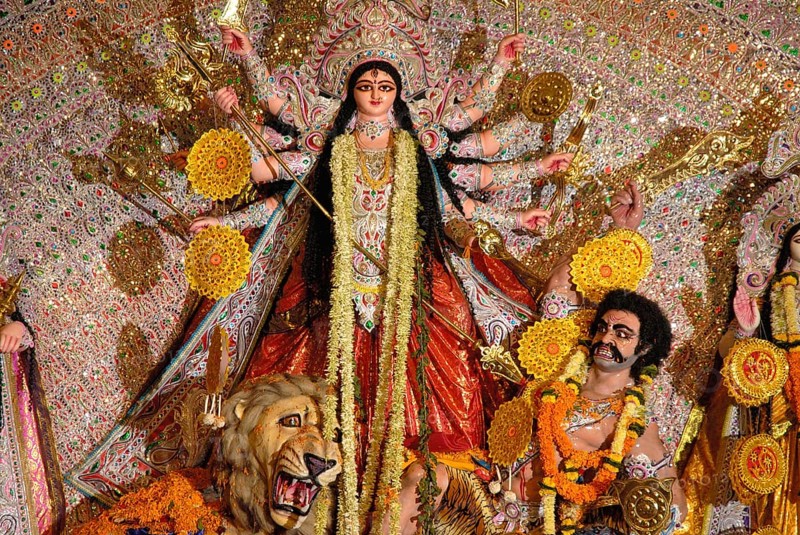 Goddess durga killing demon at Durgotsav Navratri Navaratri Bengal club, Shivaji park, Dadar, Bombay Mumbai, Maharashtra, India 2008