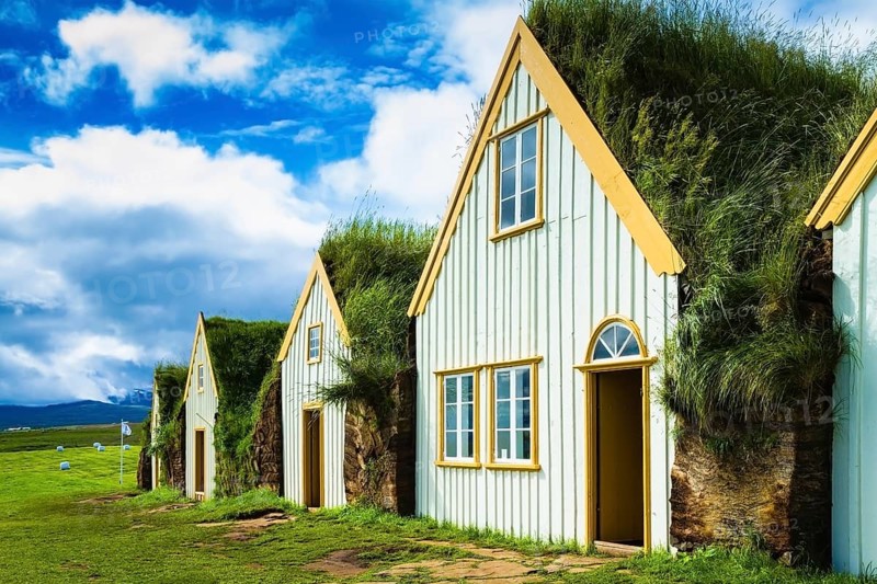 The village of ancestors in Iceland. The recreated village - museum of pioneers - Vikings. Houses are roofed by the turf