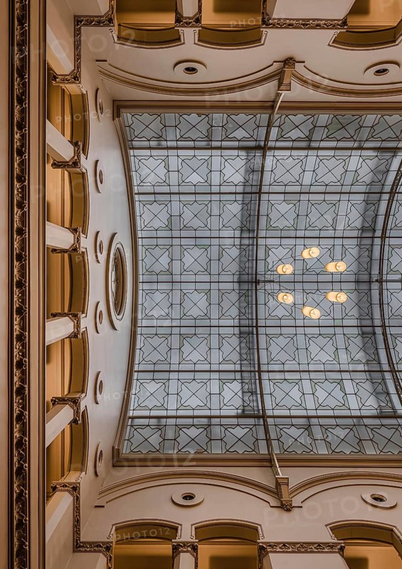 Brussels city center, Brussels Capital Region, Belgium, 03 02 2020 Art nouveau decorated ceiling with glass of the museum of the National Bank of Belgium