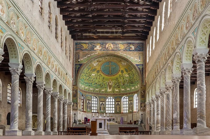 The Basilica of Sant' Apollinare in Classe is an important monument of Byzantine art near Ravenna, Italy. Interior of basilica