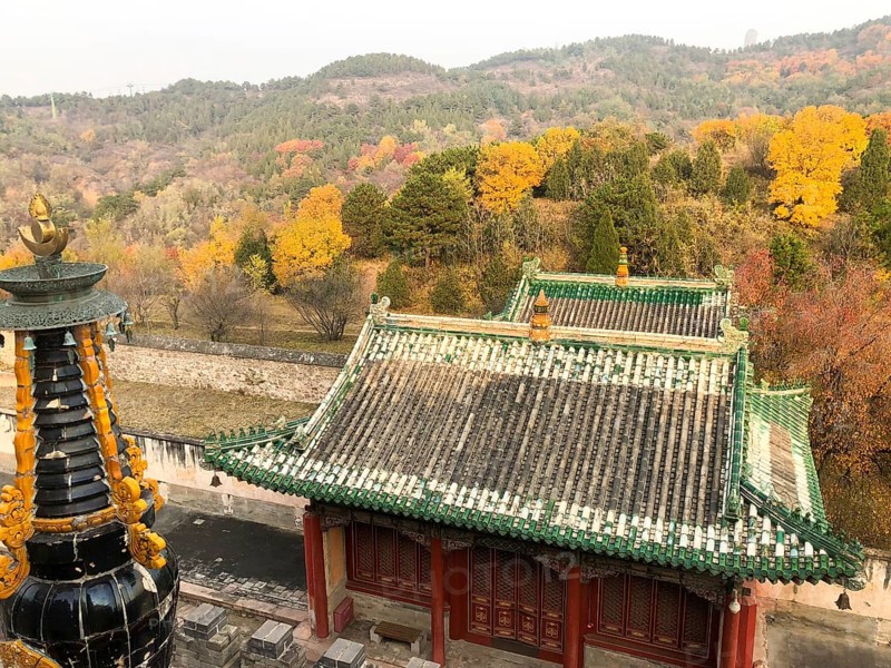 Aerial view of The Temple of Universal Happiness, Pule si, also called the round Pavillion, this structure was built in 1766. Little temple at the starting point for hammer rock hike, Chengde, China