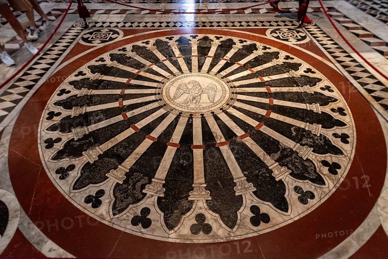 SIENA, ITALY, SEPTEMBER 23, 2023, Unique marble inlays on the floor of the Siena cathedral in Italy