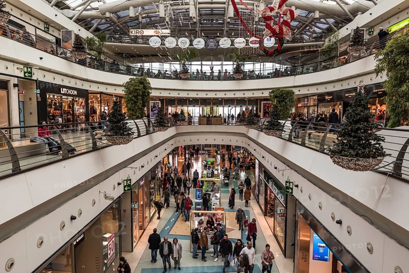Lisbon, Portugal, 12 28 2018: Contemporary interior design of the Vasco da Gama shopping mall with Christmas decoration
