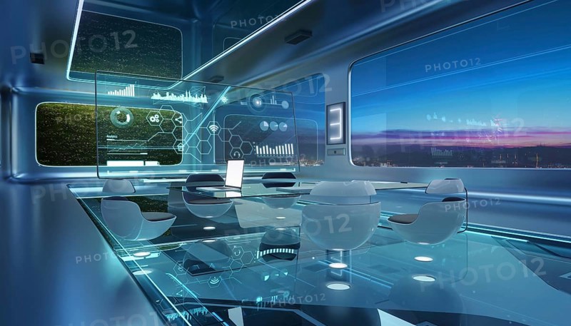 Modern sci-fi futuristic interior office design with green wall plant and beautiful night scene cityscape view. 3d rendering