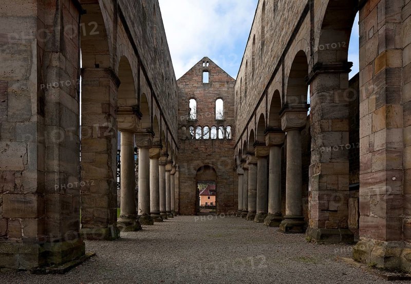 Paulinzella, monastery ruins. Main construction period 1105-24 since 16-17th century Ruin of central nave facing west with west gable and arcade gallery inside, St., Sankt, Saint
