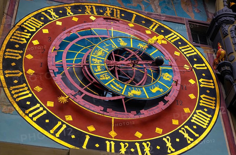 The Astronomical Clocks on The Clock Tower (Zytgloggethe) on the Main Street in Old Town in City of Bern, Canton Bern, Switzerland.