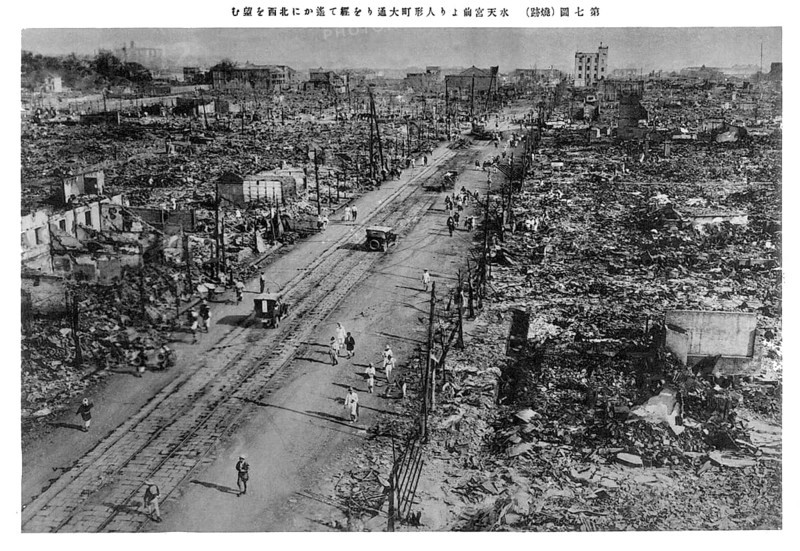 The Great Kanto earthquake (????? Kanto daishinsai) struck the Kanto Plain on the Japanese main island of Honshu at 11:58 in the morning on Saturday, September 1, 1923. Varied accounts indicate the duration of the earthquake was between four and 10 minutes. The 2011 Tohoku earthquake later surpassed that record, at magnitude 9.0.<br/><br/> The earthquake had a magnitude of 7.9 on the Moment magnitude scale (Mw), with its focus deep beneath Izu Oshima Island in the Sagami Bay. The cause was a rupture of part of the convergent boundary where the Philippine Sea Plate is subducting beneath the Okhotsk Plate along the line of the Sagami Trough.<br/><br/> This earthquake devastated Tokyo, the port city of Yokohama, and the surrounding prefectures of Chiba, Kanagawa, and Shizuoka, and caused widespread damage throughout the Kanto region. The power was so great in Kamakura, over 60 km (37 mi) from the epicenter, it moved the Great Buddha statue, which weighs about 93 short tons (84, 000 kg), a...
