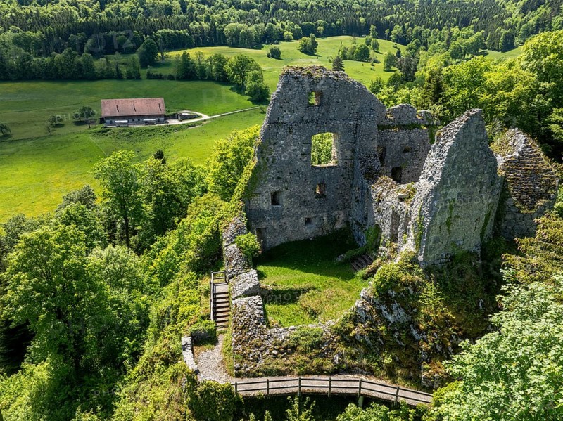 Historic site ruins of the Château de Löwenburg, drone image, Pleigne, Jura, Switzerland