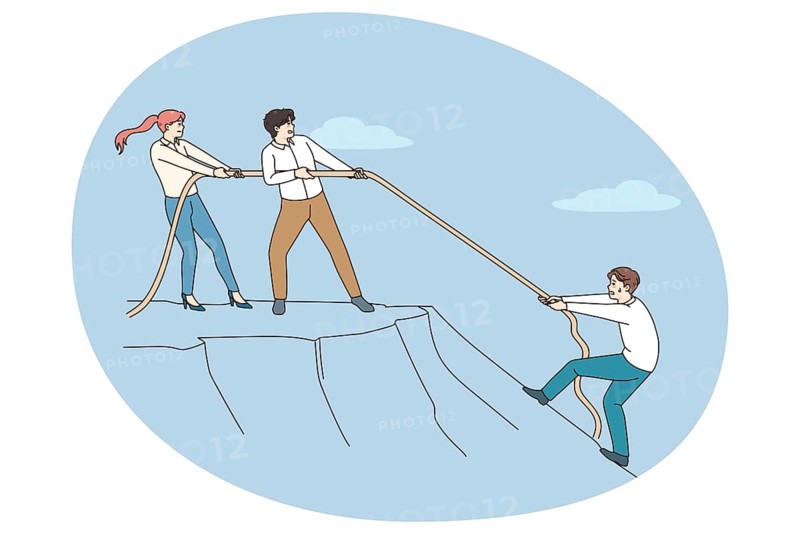 Diverse employees throw rope help colleague climb up hill. Coworkers help person showing support and unity. Concept of teamwork and collaboration at workplace. Vector illustration