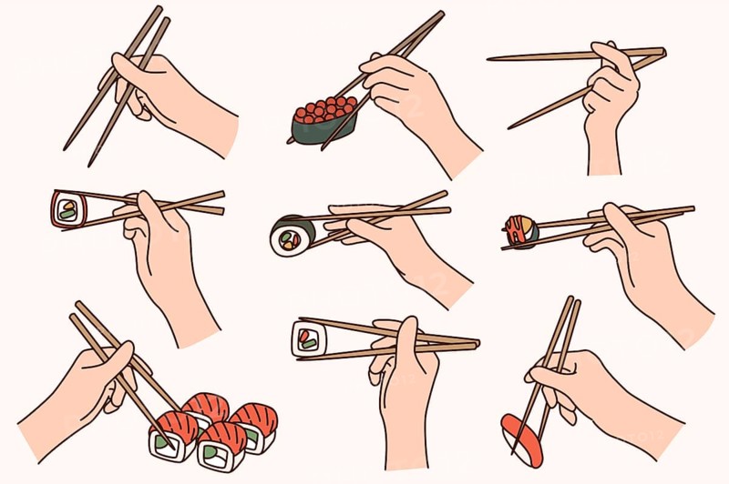 Collection of people hold chopsticks eating sushi. Set of persons enjoy traditional Japanese food. Japan cuisine culture and tradition. Flat illustration
