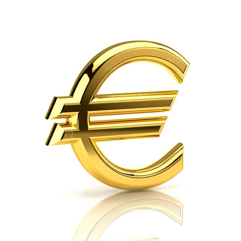 Euro sign, made of gold, stands upright on a white background