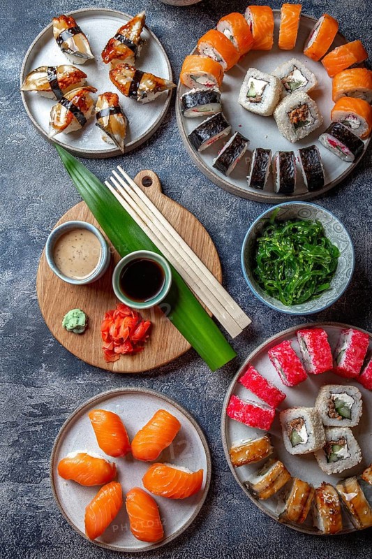 Sushi and rolls sets. Japonese food. top view