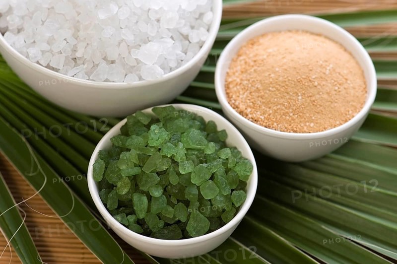 Bath salt and palm leaf