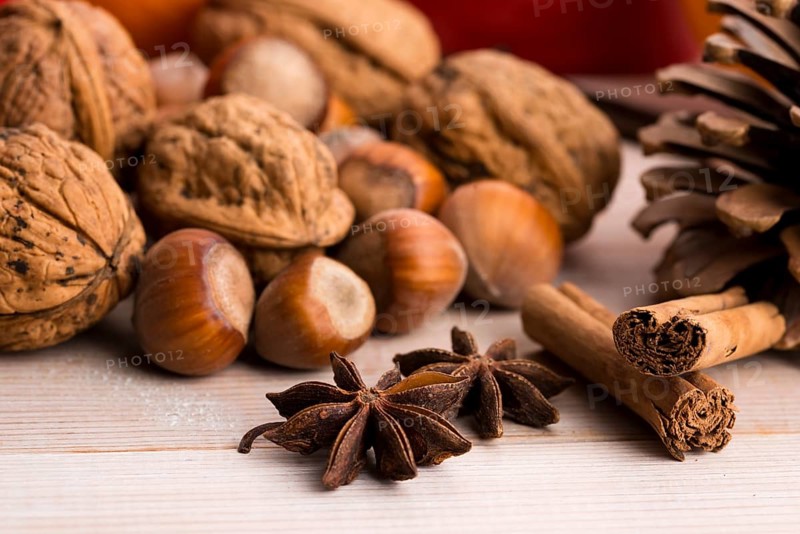 Different kinds of spices, nuts and dried oranges - christmas decoration, lodz, poland