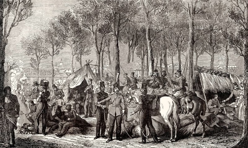Military camp at the Avenue des Champs-Élysées, Paris, France, 1815