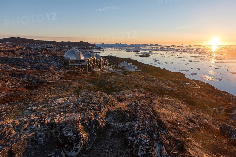 Hotel Arctic in Ilulissat with igloo rooms at sunset, Ilulissat, Greenland