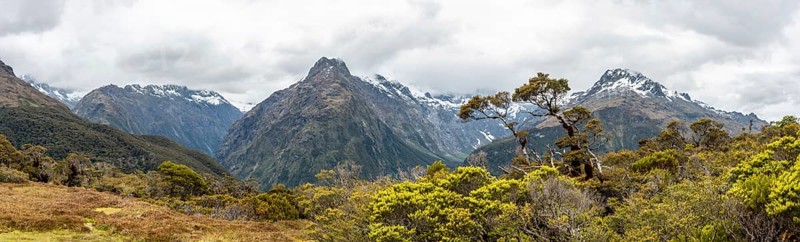 Panoramic view of the Southern Alps at Key Summit, Fiordland National Park, South Island of New Zealand