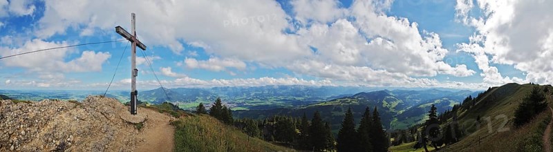 Panoramic view from Bärenköpfle, Nagelfluhkette Nature Park, Sonthofen and the Allgäu Alps in the background