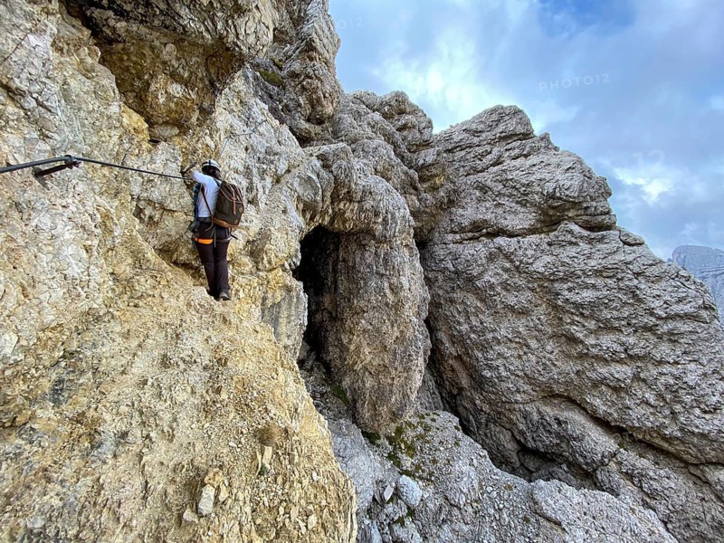 Adventurous hike up to mount Lagazuoi in the Dolomite Alps, autonomous pronvince of South Tirol in Italy