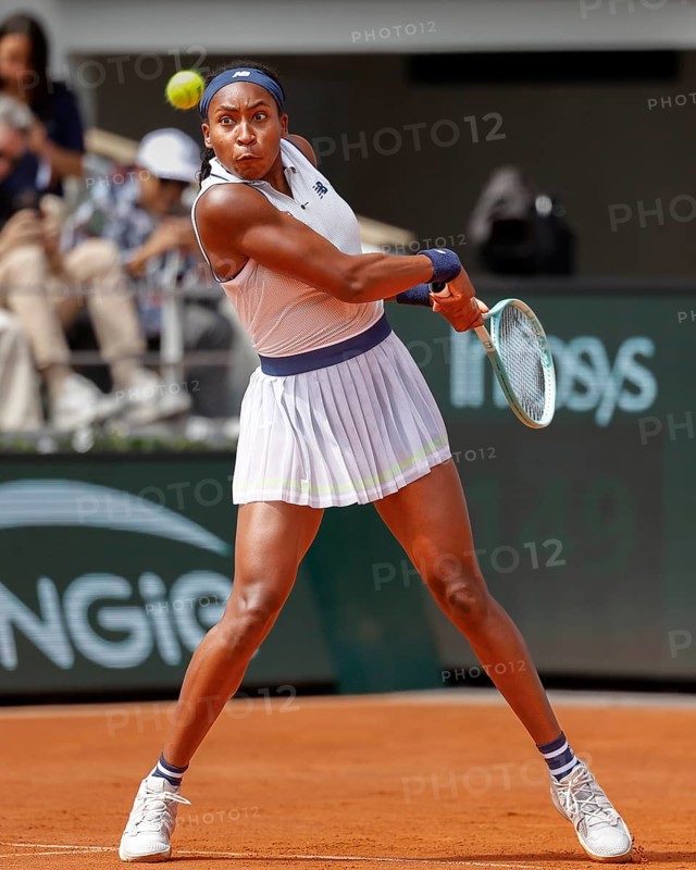 American tennis player Coco Gauff in action at the French Open 2024, Roland Garros, Paris, France.