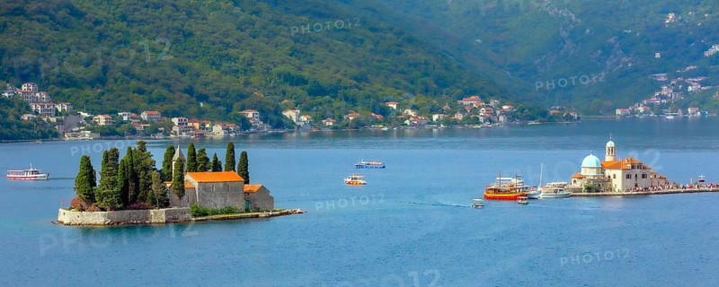 Perast, Montenegro Church of Our Lady of the Rocks and Island of Saint George, Bay of Kotor banner