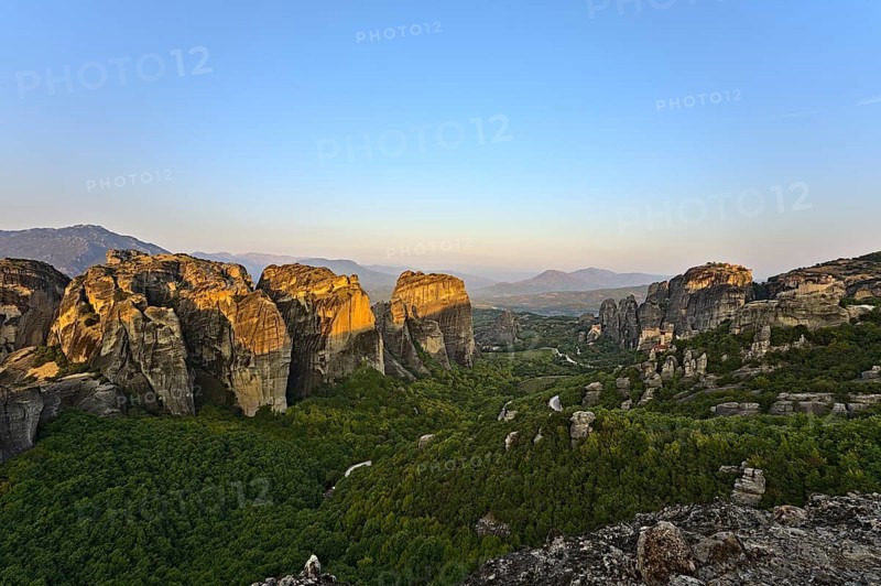 Monastery of Varlaam, Holy Monastery of Saint Nicholas, Monastery of Rousanou and Megalo Meteoro photographed at sunrise