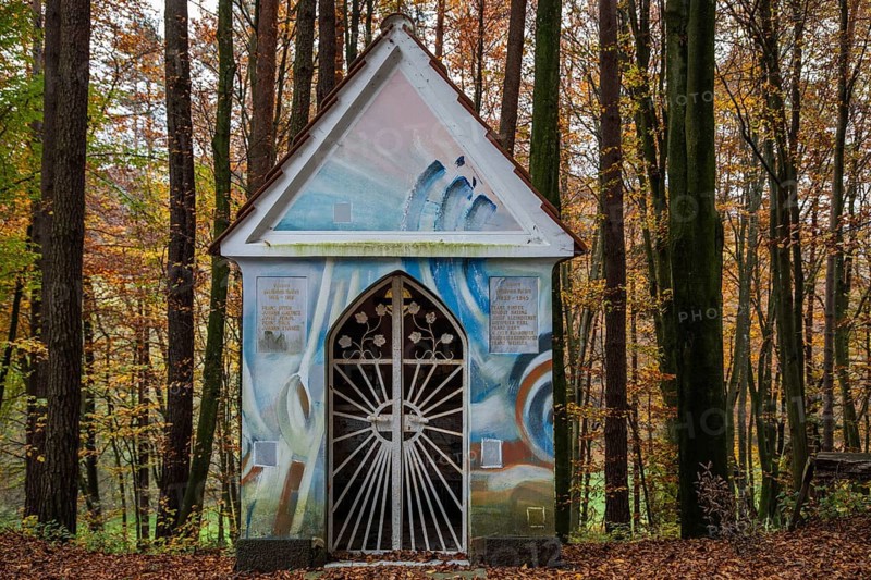 Memorial chapel in autumn forest, near St.Andrä im Sausal, Styria, Austria