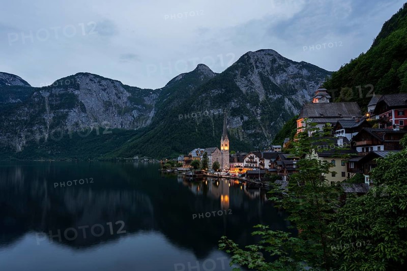 Panoramic view of the village of Hallstatt on Lake Hallstatt in Austria
