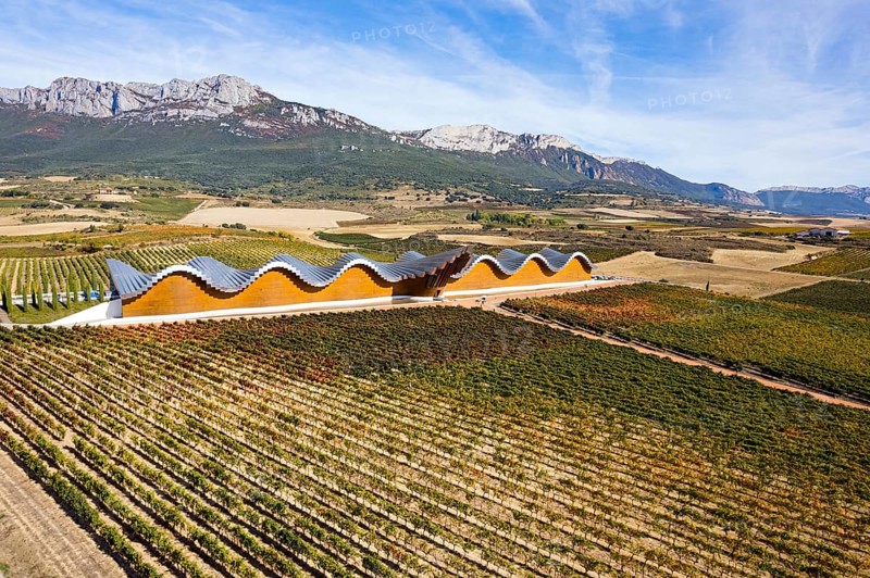 Bodegas Ysios winery and rows of vineyards. Laguardia, Spain. The architecture of Bodegas Ysios blends in beautifully with the surrounding landscape. Incredibly beautiful landscape