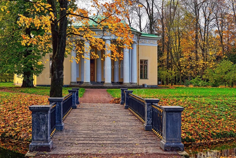 Autumn landscape in Catherine park, Pushkin, Russia. View to the Concert Hall pavilion