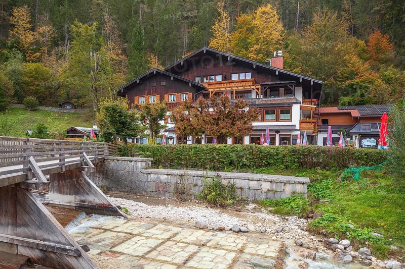 Gasthaus - Pension zur Kugelmühle near the Almbachklamm in autumn, Marktschellenberg, Berchtesgaden, Berchtesgadener Land, Upper Bavaria, Bavaria, Germany