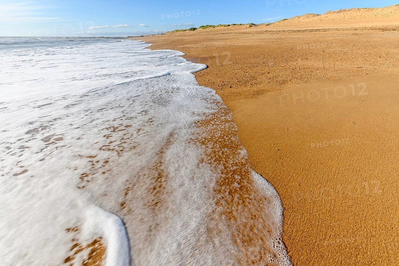 Sea foam on the beautiful sand Atlantic ocean beach in France