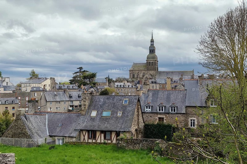View of historic center of Dinan from hill, Brittany, France
