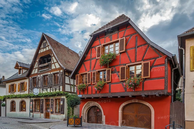 Street with historical houses in Ribeauville, Alsace, France