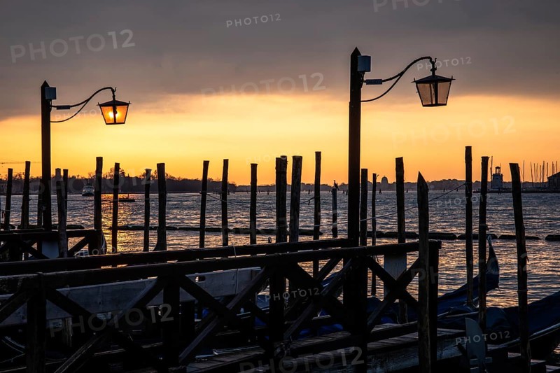 Morning atmosphere, gondola jetty, dawn over the lagoon, Venice, Veneto, Italy