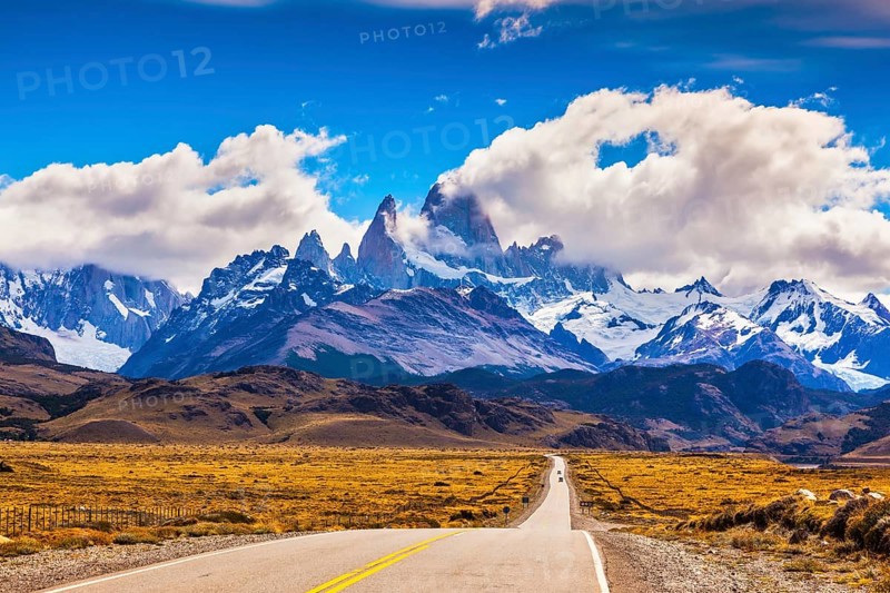 The road through desert. The highway crosses Patagonia and conducts to majestic Mountains Fitzroy