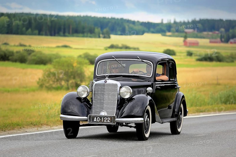 VAULAMMI, FINLAND, AUGUST 4, 2018: Classic black Mercedes-Benz car, probably mid-1930s 170V, on Maisemaruise 2018 car cruise in Tawastia Proper, Finland