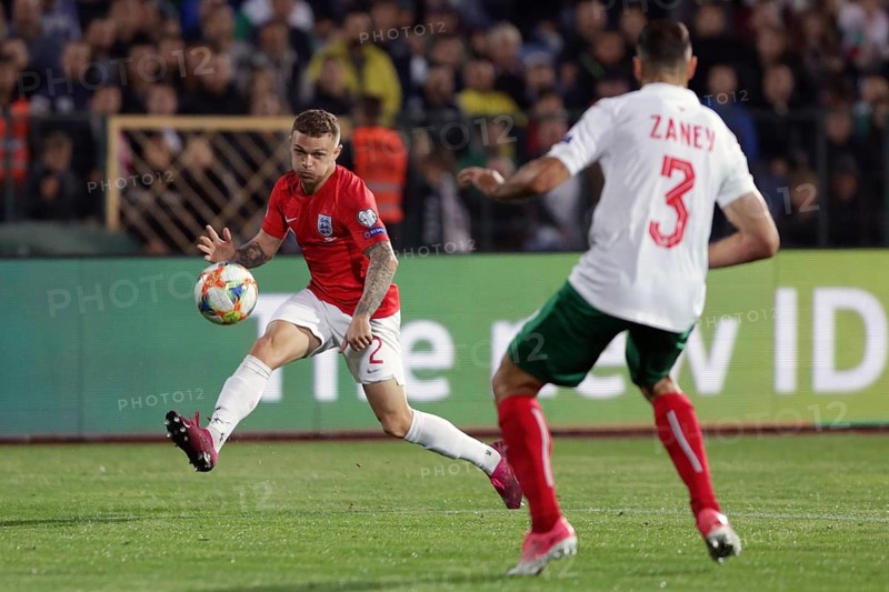 Sofia, Bulgaria - 14 October 2019: Kieran Trippier (L) is seen in action against Bulgarian football player during Bulgaria vs England match part of 2020 European Qualifier