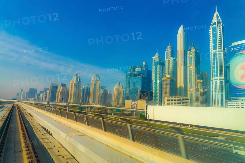 UAE Dubai skyline visible from the Dubai Metro. Shooting Location: Dubai