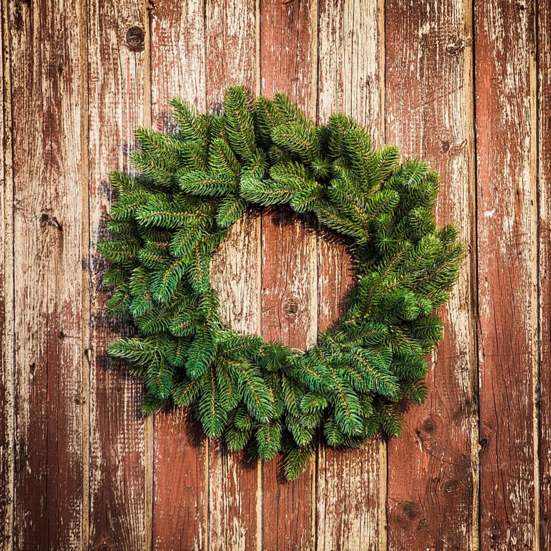 Christmas wreath on the shabby wooden door. Christmas holiday background with copy space