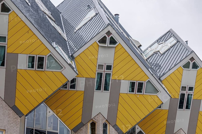 Cube houses in modern architectural style with striking yellow and grey facades, rotterdam, the netherlands
