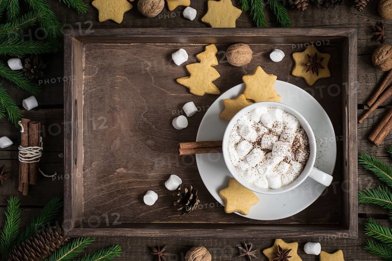 Cup of cocoa with marshmallow and a cookie in the form of stars. Christmas decor