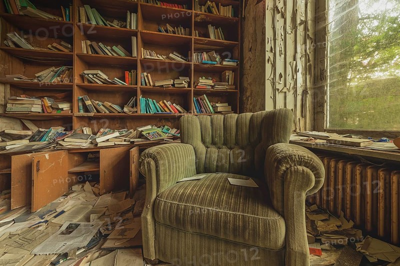 A green armchair in front of a messy bookshelf in an abandoned room, Lost Place, urologist's villa Dr Anna L., Bad Wildungen, Hesse, Germany