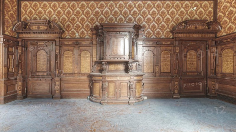 Detailed wooden cabinet in front of ornamental wall panelling in a historic room, Villa Woodstock, Lost Place, Brill, Wuppertal, North Rhine-Westphalia, Germany