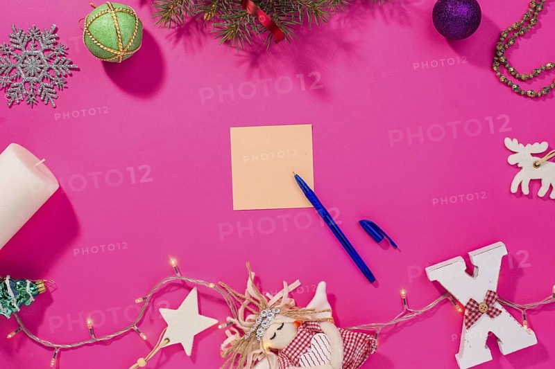 Christmas mock up template. View from above. pink background