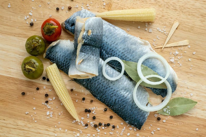 Herring fillet marinated. Cold appetizer. View from above