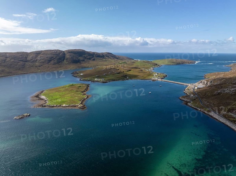 Causeway, causeway to Vatersay, drone shot, Caolas, Isle of Barra, Hebrides, Scotland, Great Britain