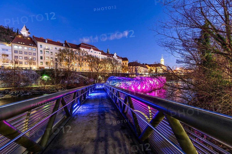 Illuminated stairway to the Murinsel, Graz, Styria, Austria