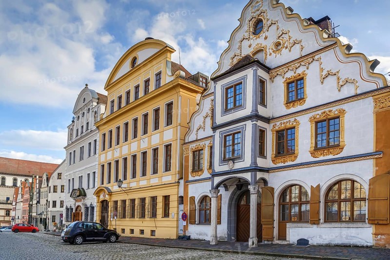 Historic houses on Karlsplatz in Neuburg an der Donau, Germany
